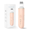 A pink ultrasonic skin scrubber device shown next to its packaging box.