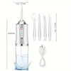 A silver and clear 3-mode rechargeable oral irrigator water flosser device with a silicone tip and charging cable.