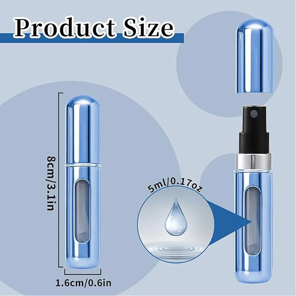 Illustration verticale montrant la taille d'un flacon de parfum rechargeable : 8cm/3.1pouces, contenant 5ml/0.17once.