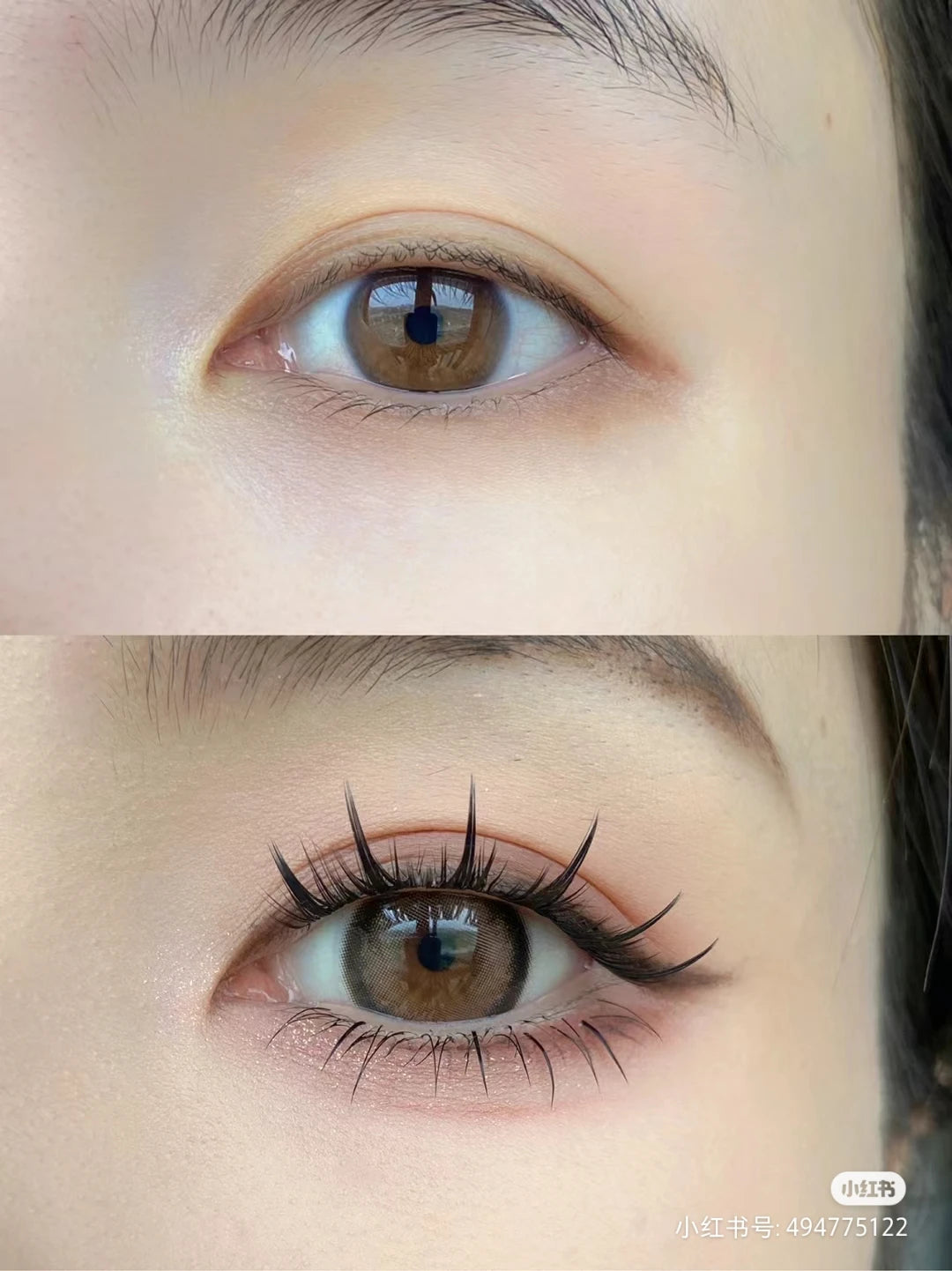 Close-up of an eye showcasing long, dark mink lash clusters with natural 3D volume and a soft brown eye color.