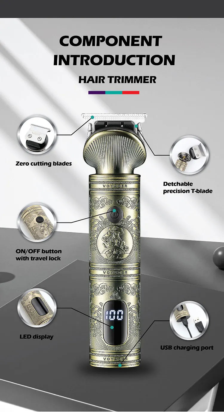 A close-up view of a gold-colored electric hair trimmer showing its components including cutting blades, on/off button, LED d