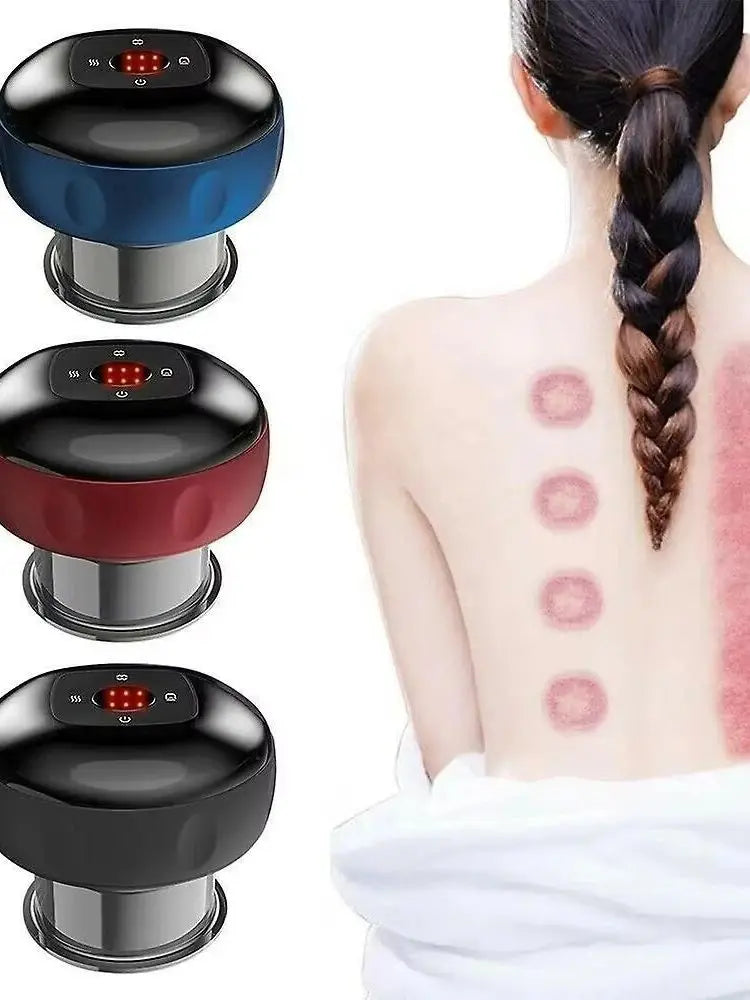 Three black and blue electric cupping tools shown with a woman's back demonstrating skin massage.