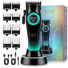 A black electric shaver with magnetic levitation technology and accessories displayed next to its packaging.