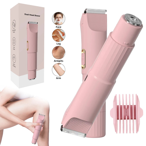 Afeitadora eléctrica de doble cabezal rosa con varios accesorios para cara, piernas, axilas y brazos.