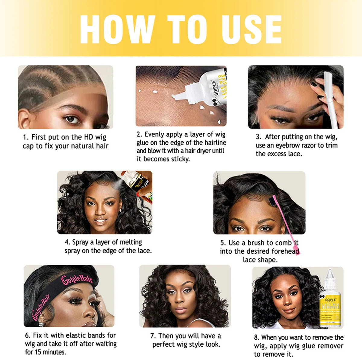 Instructions for using a professional wig installation glue and holding kit to secure wigs on natural hair