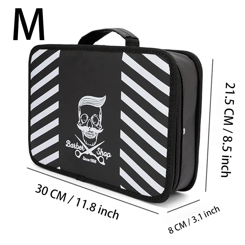 Black and white striped storage bag for professional barber tools featuring a skull design