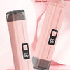 Afeitadora eléctrica rosa de doble potencia, mostrando la cabeza de afeitado y una cuchilla corta.