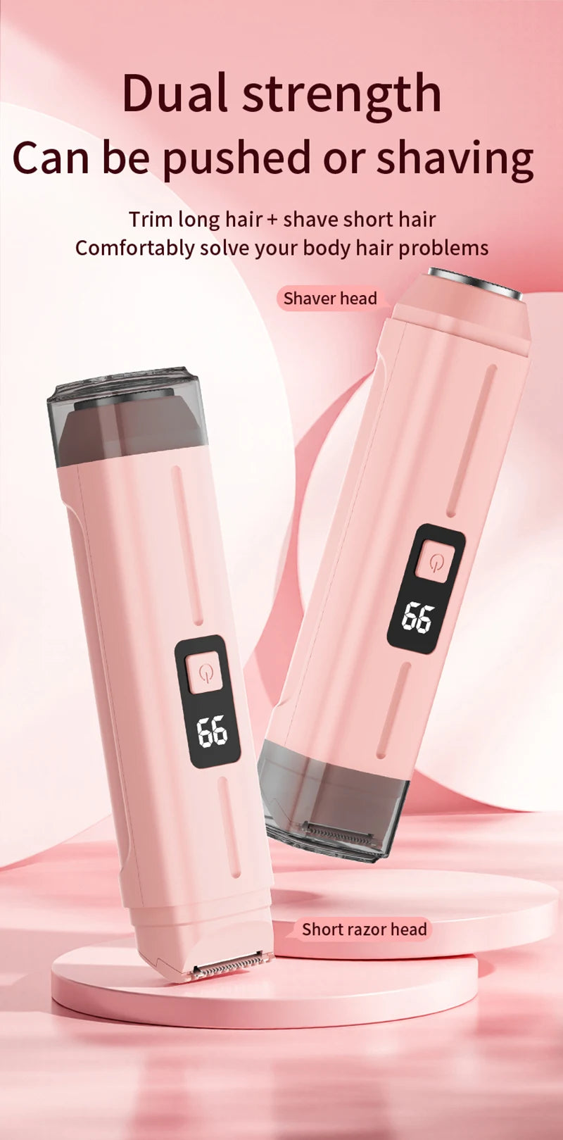 Afeitadora eléctrica rosa de doble potencia, mostrando la cabeza de afeitado y una cuchilla corta.