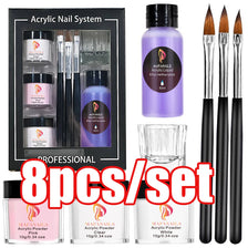 Professional acrylic nail system set including powder, liquid monomer, and brushes in a black box.