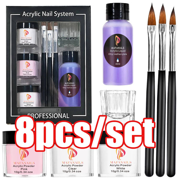 Professional acrylic nail system set including powder, liquid monomer, and brushes in a black box.