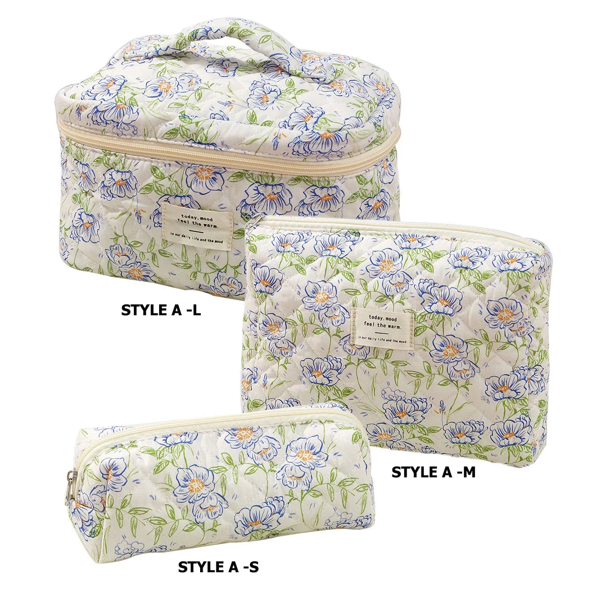 Three styles of quilted cotton makeup bags featuring a light blue and green floral pattern.