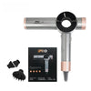 A silver and rose gold iPRO hair dryer with a cylindrical nozzle and various attachments shown against a black background.