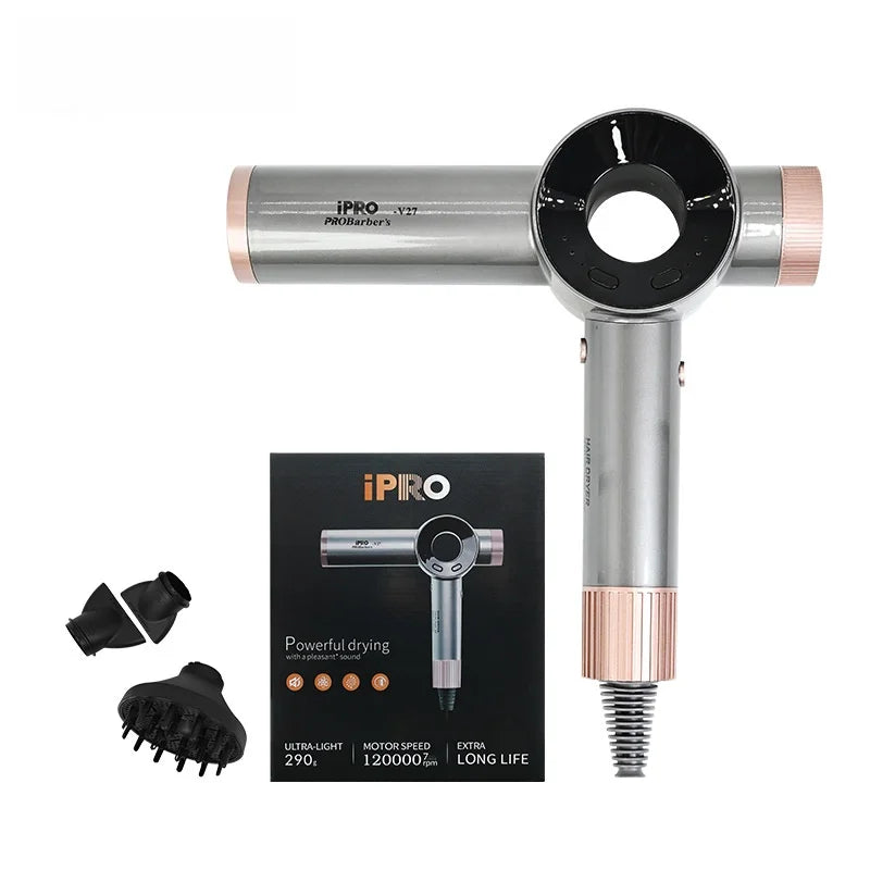 A silver and rose gold iPRO hair dryer with a cylindrical nozzle and various attachments shown against a black background.