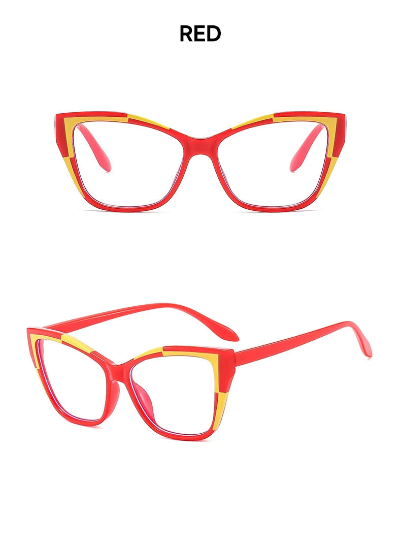 Red cat eye reading glasses with yellow accents shown against a white background.