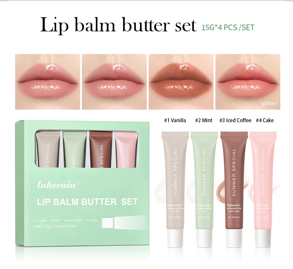 A set of five lip balm butter tubes in various flavors including vanilla, mint, iced coffee, and cake, displayed next to a bo