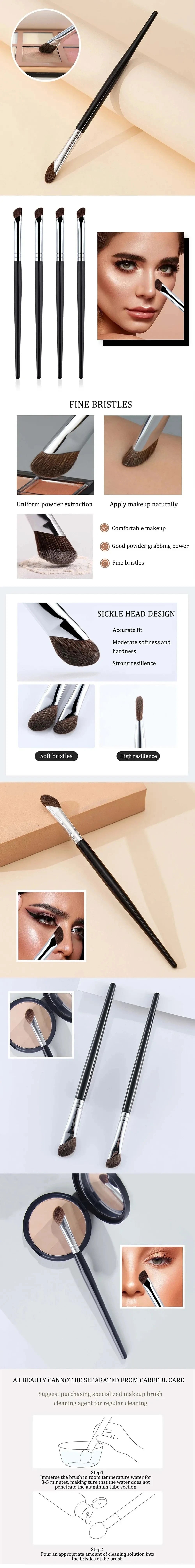 A black makeup brush with a fine tip used for contouring and nose shadow application.
