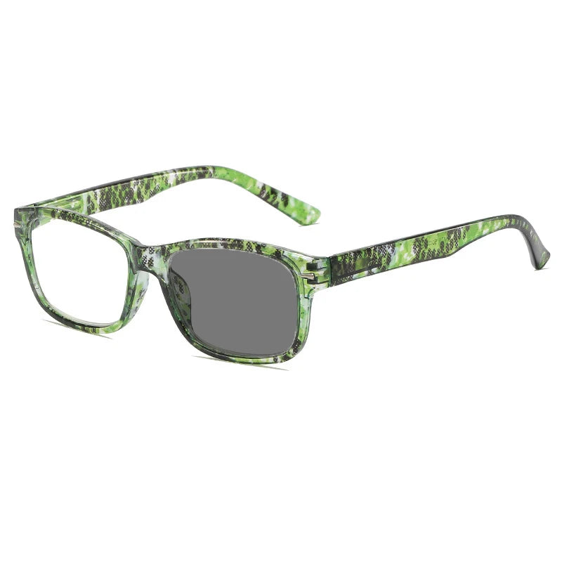 Pair of green photochromic reading glasses with anti-blue light protection