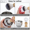 Instructions for using a 3-in-1 shaving set involving soaking a brush in warm water and circling it on soap.