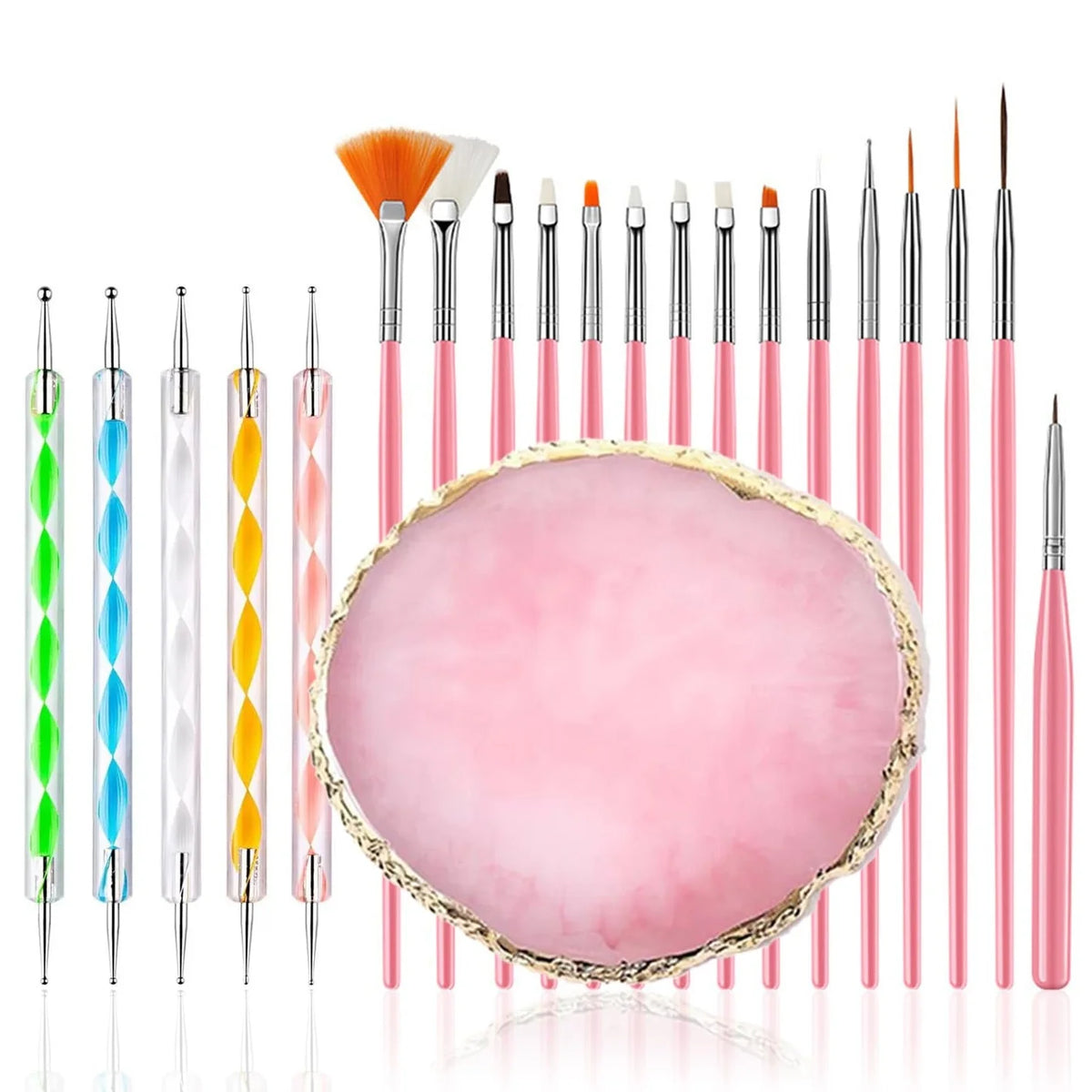 A collection of professional nail art tools including various shaped and sized acrylic files and tips in pink and silver.