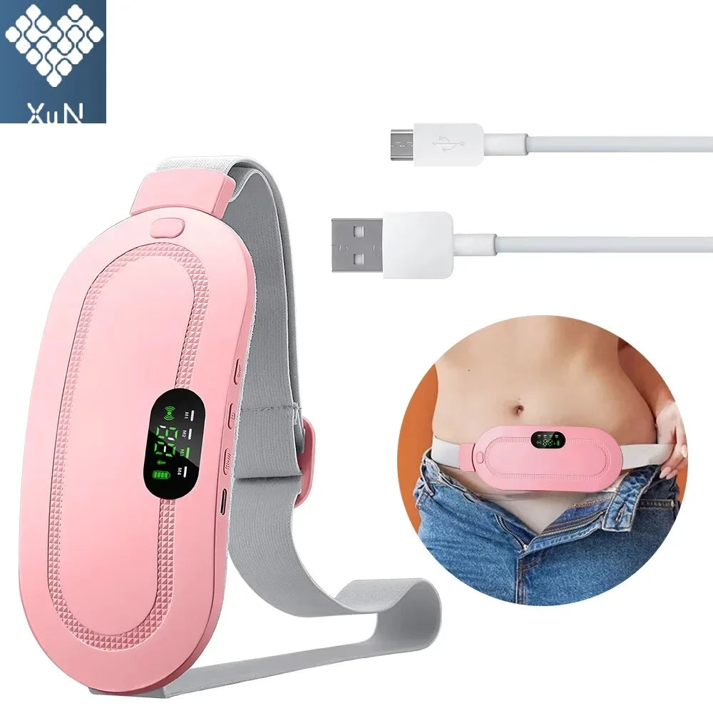 A pink portable heated massage belt is shown next to a USB cable and a close-up of the device worn on the abdomen.