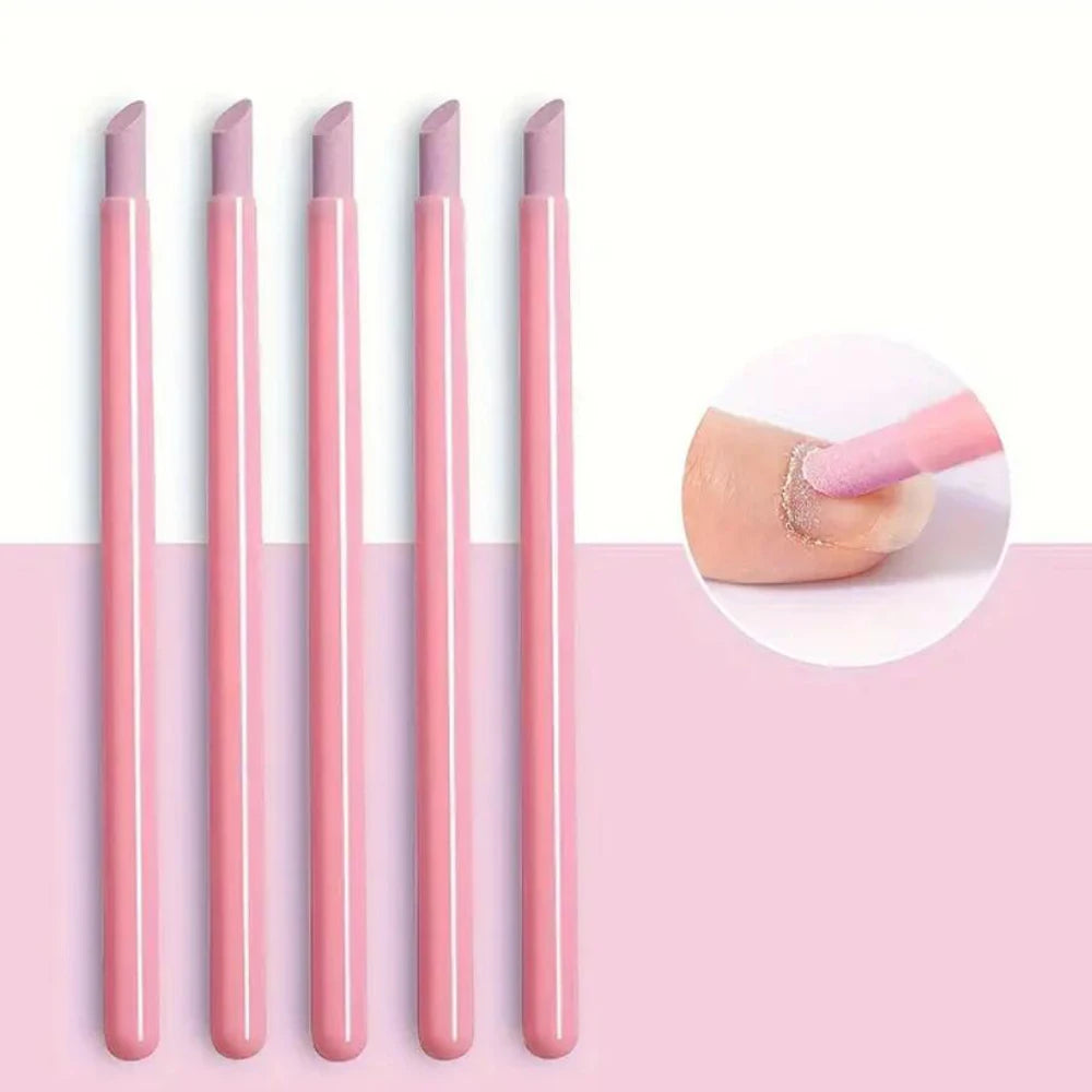 A set of pink nail art liner brushes with ultra-fine tips displayed vertically on a pink background.