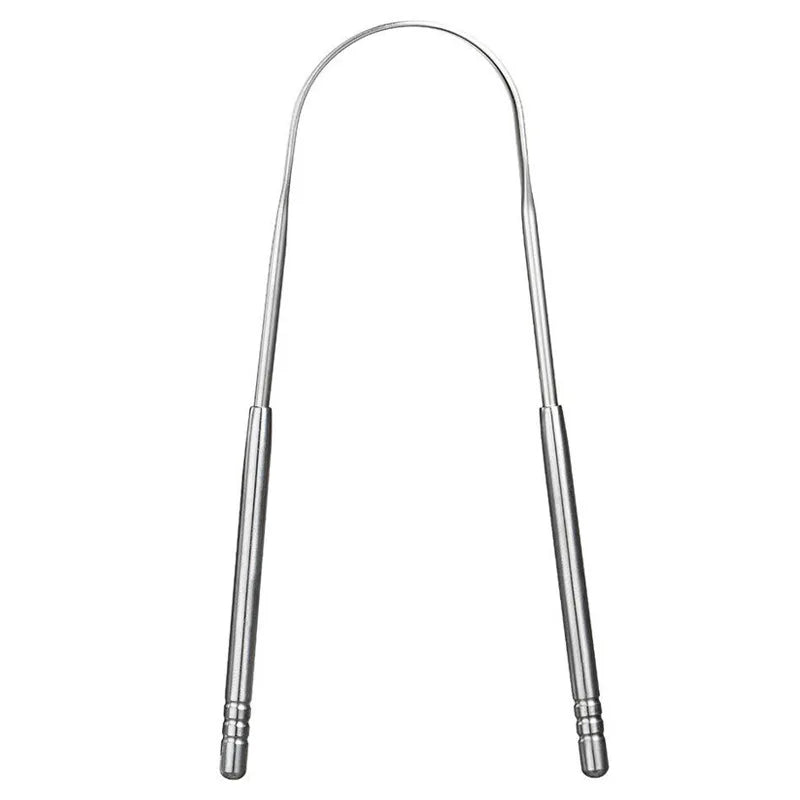 A set of stainless steel tongue scrapers with long, thin handles.