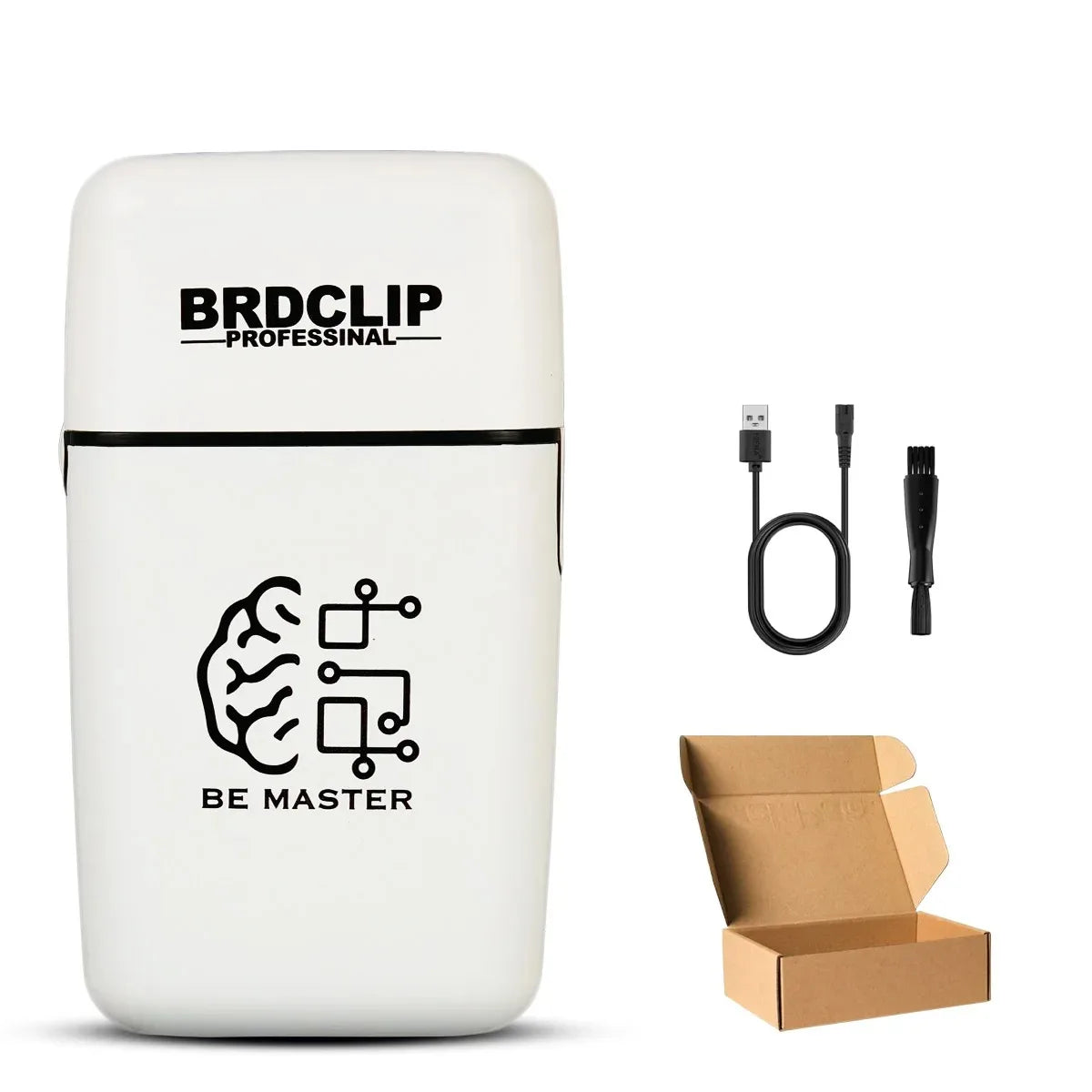 A white BRDCLIP professional electric shaver trimmer device with a black charging cable and a box.