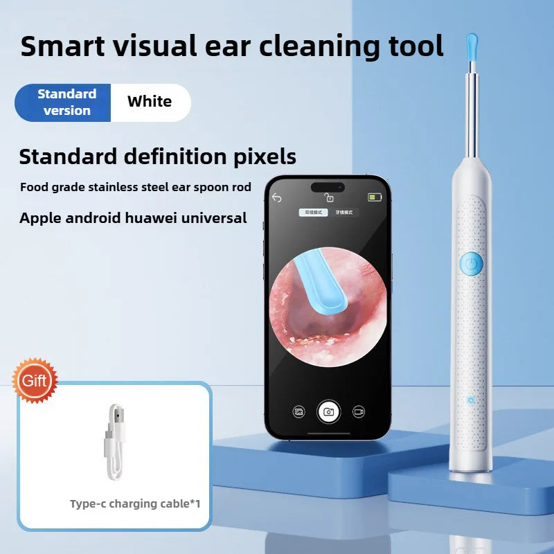 A white smart visual ear cleaning tool is shown next to a smartphone displaying an ear, with a Type-C charging cable nearby.
