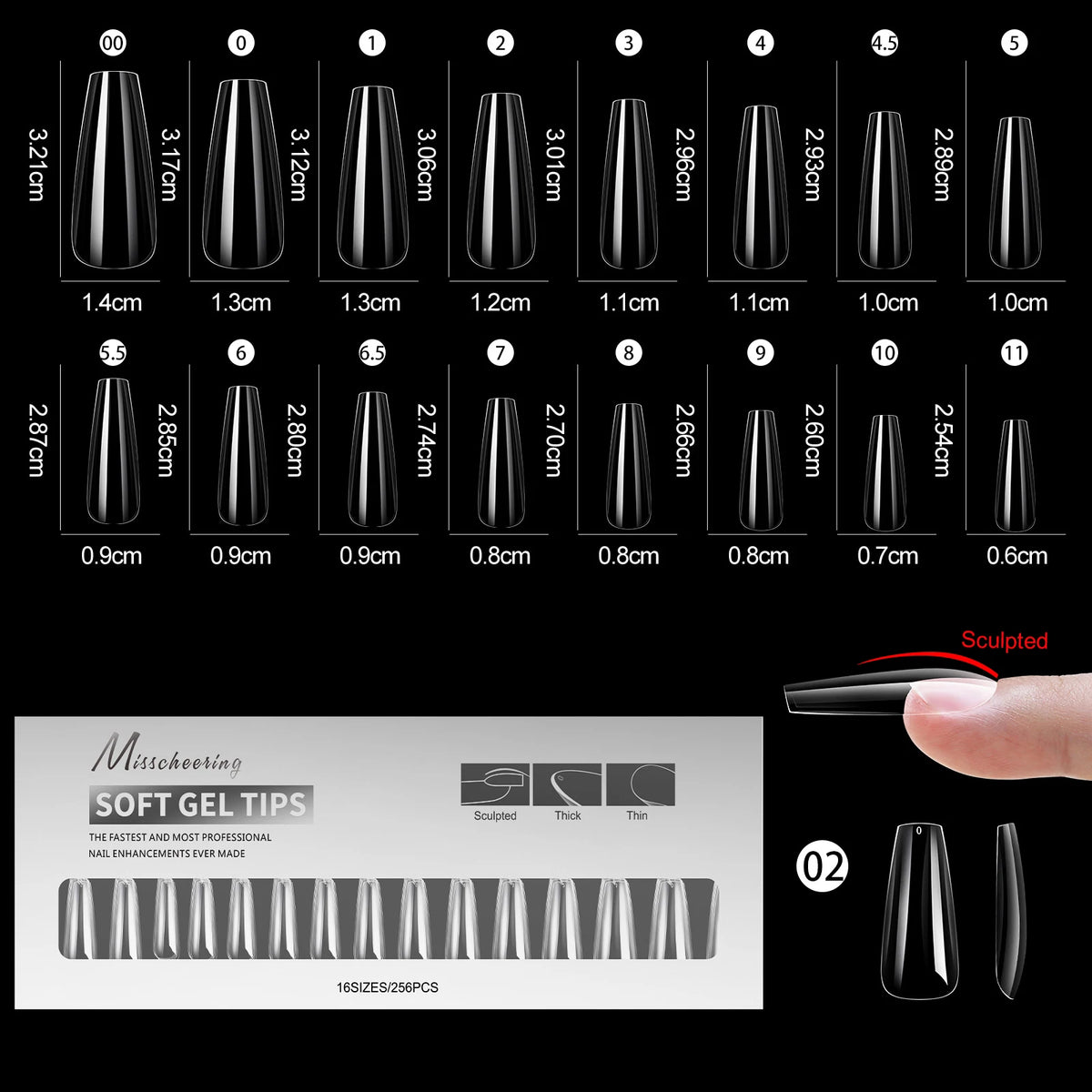 Présentation d'un assortiment de tips à ongles en acrylique de différentes tailles et formes, y compris des courbes en C et d