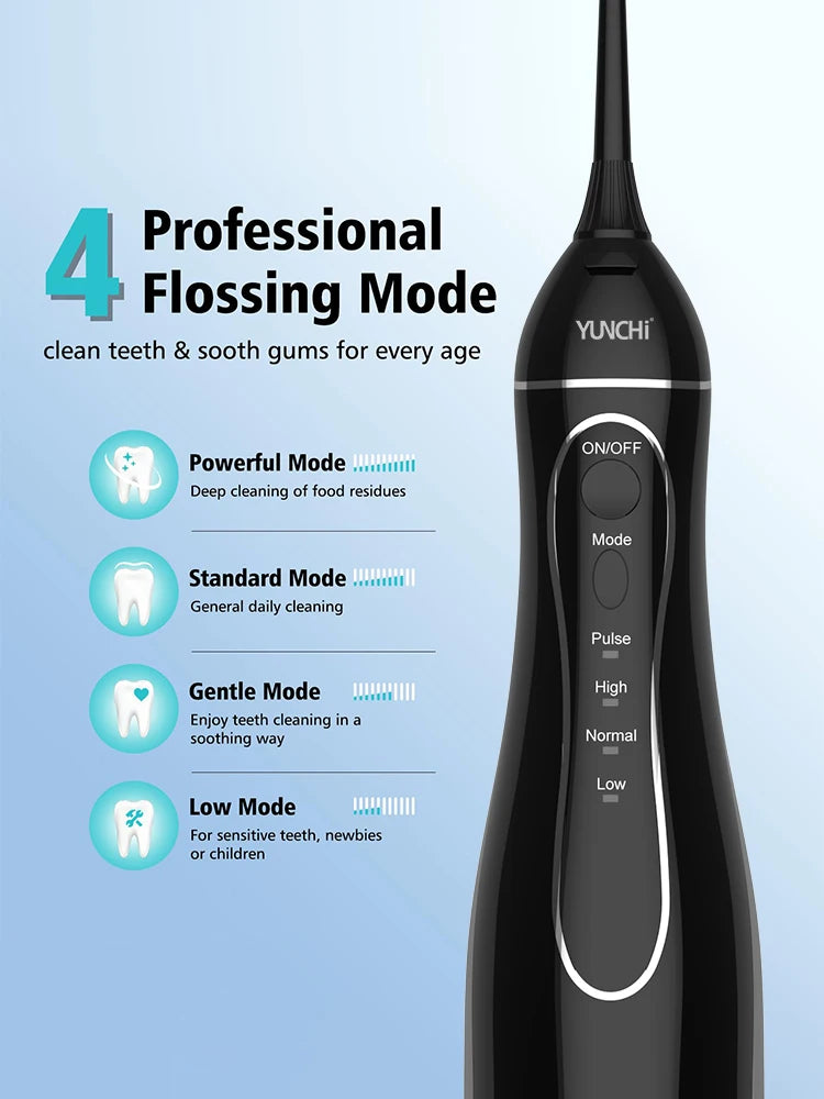 A black YUNCHI portable oral irrigator device showing four modes: Powerful, Standard, Gentle, and Low.