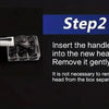 Step 2 shows how to insert the handle into the new head in the box and use it.