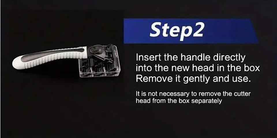 Step 2 shows how to insert the handle into the new head in the box and use it.