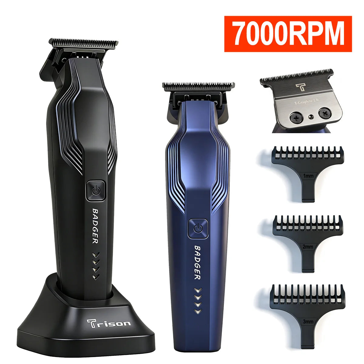 A black and blue Badger hair trimmer with multiple precision blades shown on a stand.