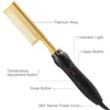 A gold-colored ceramic hair straightener brush with an indicator light and various adjustment buttons.