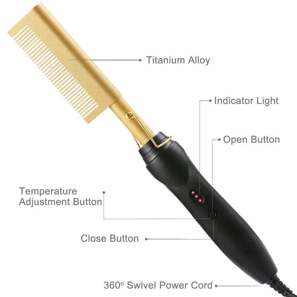 A gold-colored ceramic hair straightener brush with an indicator light and various adjustment buttons.