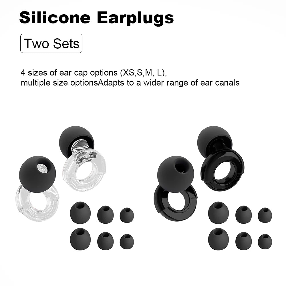Deux paires de bouchons d'oreille en silicone noirs de différentes tailles et formes pour la réduction du bruit