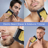 Ein Mann benutzt einen schwarz-gelben elektrischen Bartrasierer und eine Sideburn-Trimmer auf seinem Gesicht.