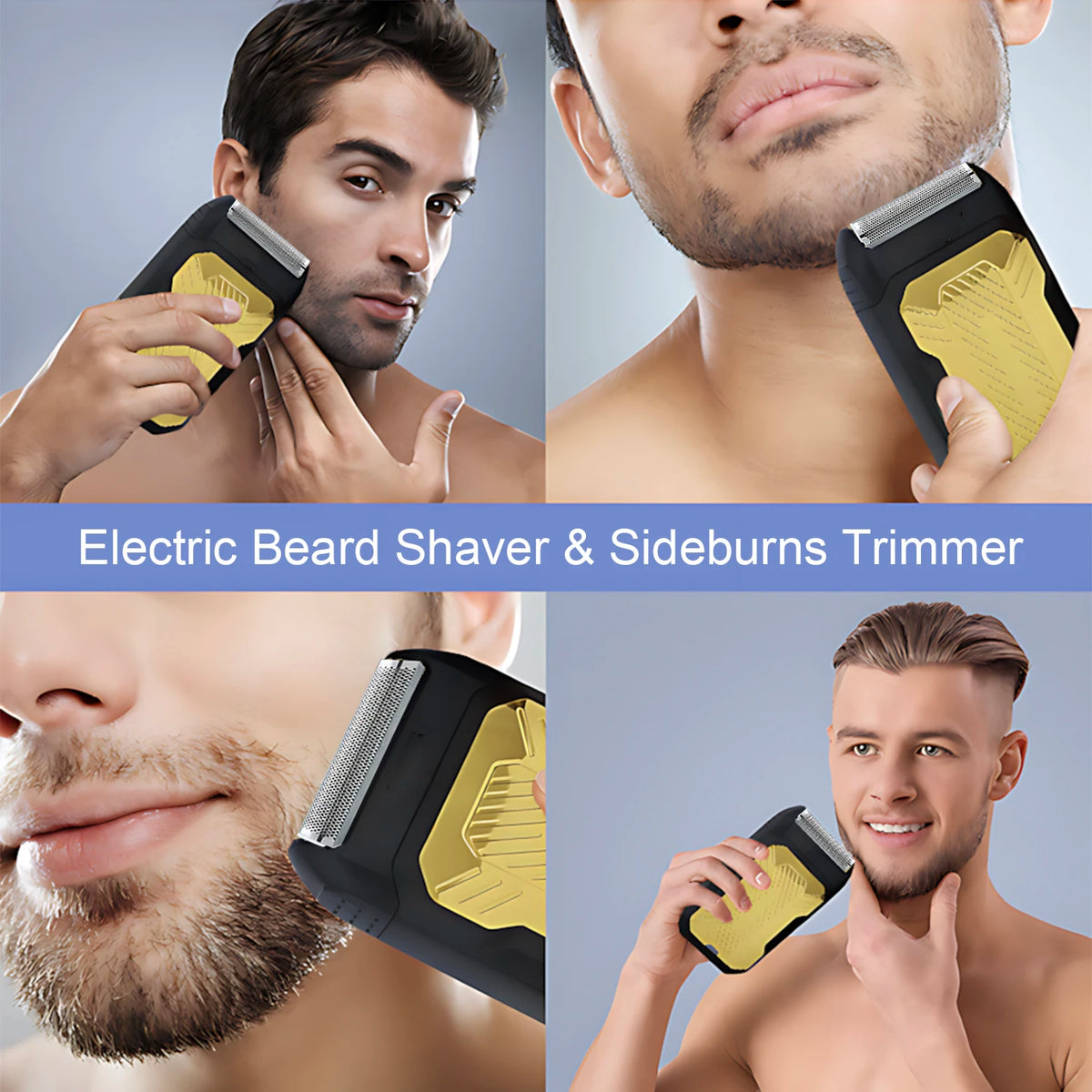 Ein Mann benutzt einen schwarz-gelben elektrischen Bartrasierer und eine Sideburn-Trimmer auf seinem Gesicht.