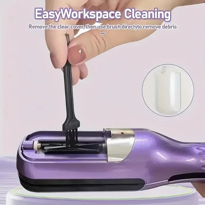 A purple cordless hair clipper is shown being used for cleaning with a brush to remove debris.