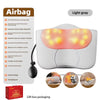 A light gray electric massage pillow with a silicone head and power cord shown next to its packaging box.