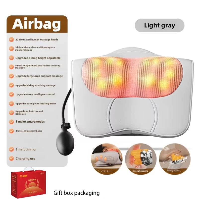 A light gray electric massage pillow with a silicone head and power cord shown next to its packaging box.