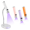 A portable dual-mode gel nail lamp with three illuminated tubes in white, pink, and orange.
