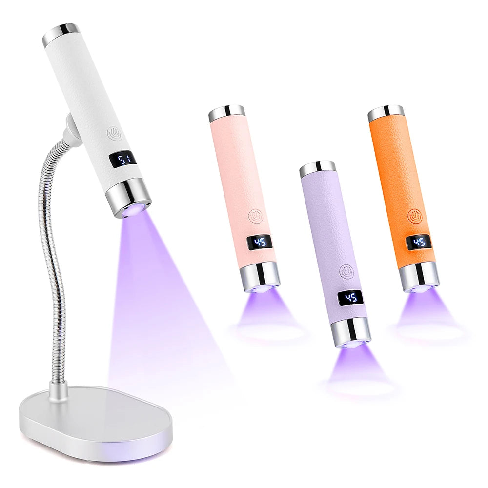 A portable dual-mode gel nail lamp with three illuminated tubes in white, pink, and orange.