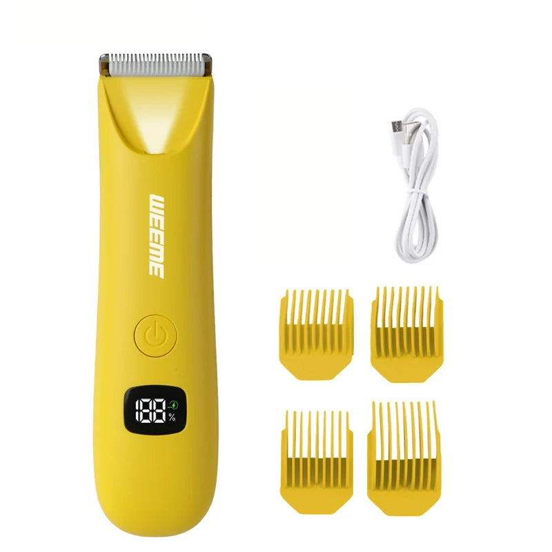 A yellow precision LED hair removal trimmer with multiple attachments and a charging cable.
