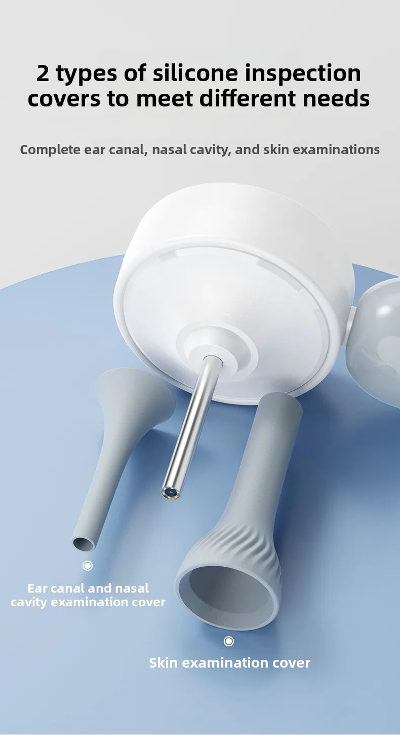 A white silicone inspection cover device is shown with two tips: one for ear canal and nasal cavity examination and another f