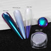 Holographic chrome nail glitter powder set featuring black and clear bases and a purple nail design