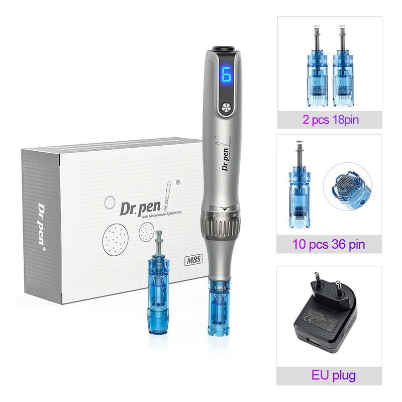 A Dr.pen microneedling pen device shown with its box, various needle components, and an EU plug.