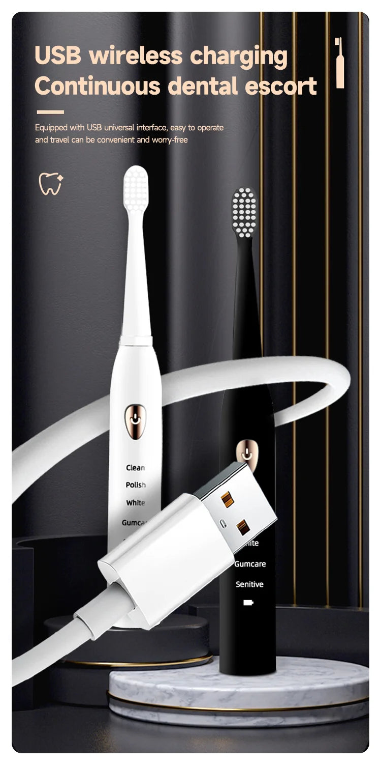 Cepillo eléctrico blanco y cable de carga USB mostrados en un fondo oscuro.