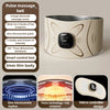 A beige pulse massage belt device with a black control box and silicone electrodes, showing its features.