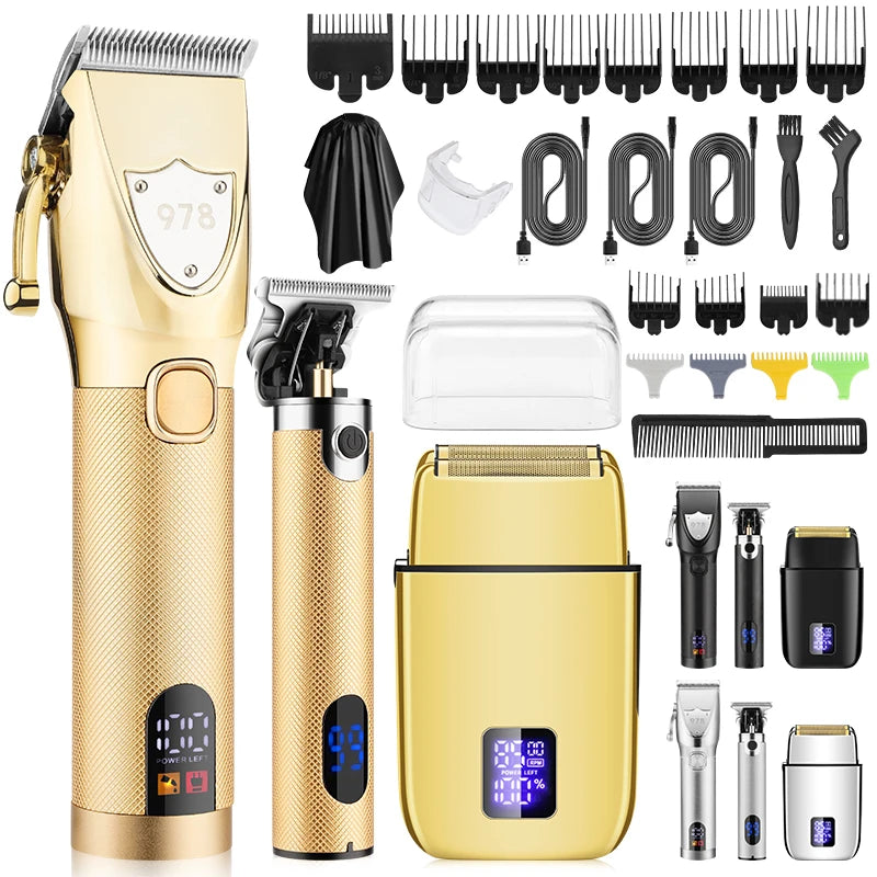 Set professioneller elektrische Haarschneidemaschinen in Gold und Schwarz, zeigt verschiedene Pflegewerkzeuge.